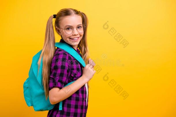 侧面照片关于小的女士回来教室穿着眼镜新的袋
