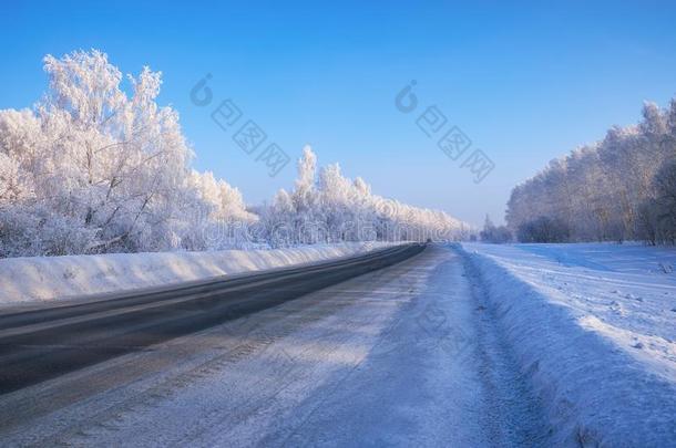 西伯利亚的乡下的空的沥青路在下面指已提到的人雪