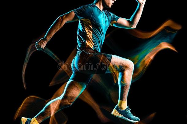 赛跑者跑步慢跑锻炼者慢跑男人隔离的光绘画黑的