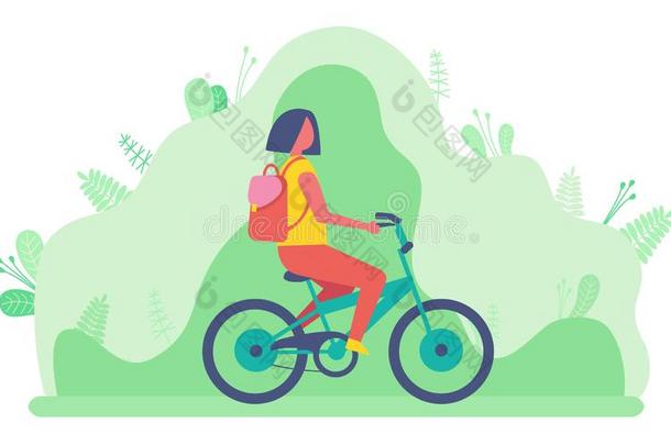 骑脚踏车兜风女人和背包向背春季