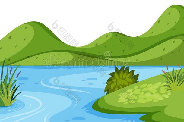 风景背景和绿色的山和河
