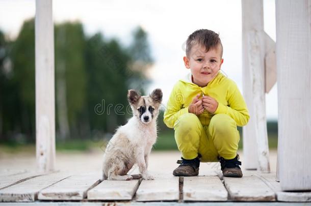 漂亮的小的男孩和他的小狗.保护关于动物