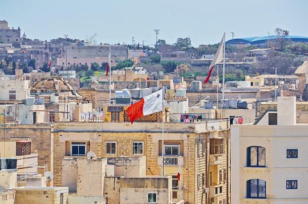马耳他人白色的-红色的旗反对典型的马耳他住宅的建造