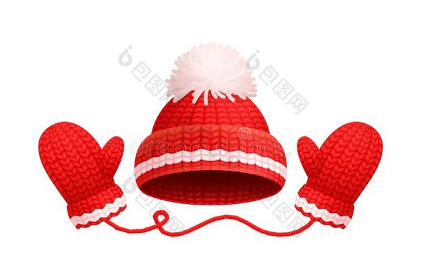 冬暖和的红色的帽子,白色的砰的一声-砰的一声,愈合拳击手套