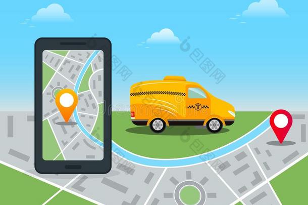 在线的可移动的计算机应用程序命令出租车服务.智能手机和城市地图一