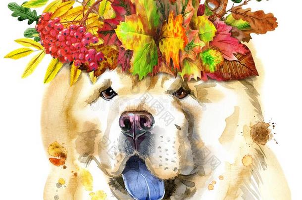水彩肖像关于原产地中国的狗-原产地中国的狗狗和花环关于树叶