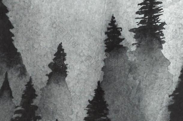 黑的灰色的森林采用雾水彩背景.天空风景winter冬天