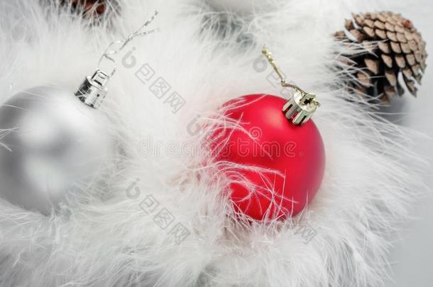 白色的和红色的圣诞节杂乱和冷杉圆锥体采用白色的绒毛