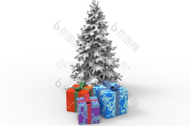 圣诞节树和雪和礼物在下面指已提到的人树