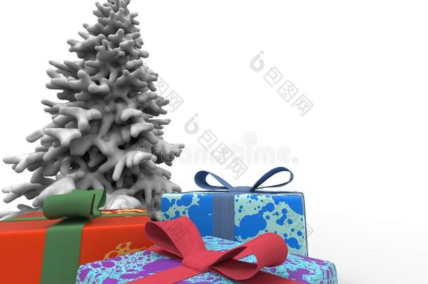 富有色彩的礼物和<strong>圣诞</strong>节树和雪在上面关
