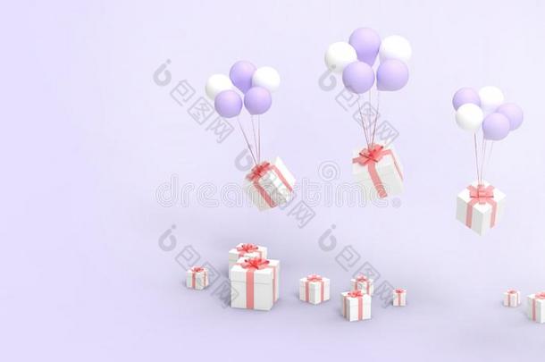 白色的赠品盒和<strong>紫色</strong>的带和<strong>紫色</strong>的和白色的<strong>气球</strong>