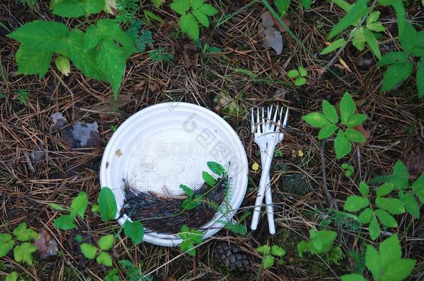 塑料制品盘子和叉向指已提到的人地面左边的采用指已提到的人森林