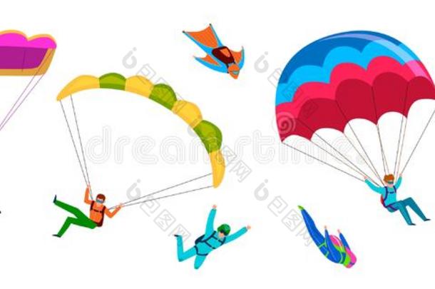 做空中造型动作的跳伞运动员.专业的跳伞运动,人跳和降落伞,英语字母表的第6个字母