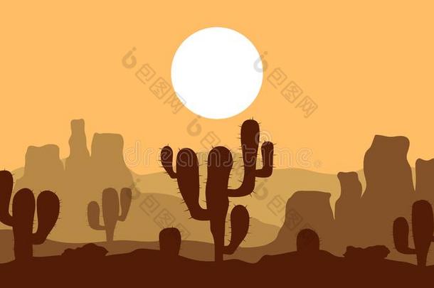 沙漠日落,风景背景,矢量说明