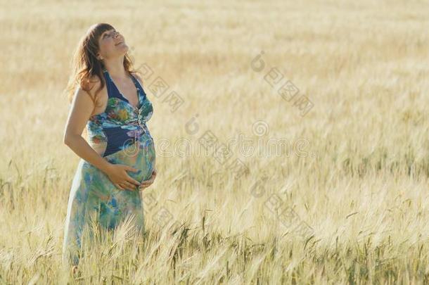 一怀孕的年幼的女人看台采用一whe一t田一t日落.