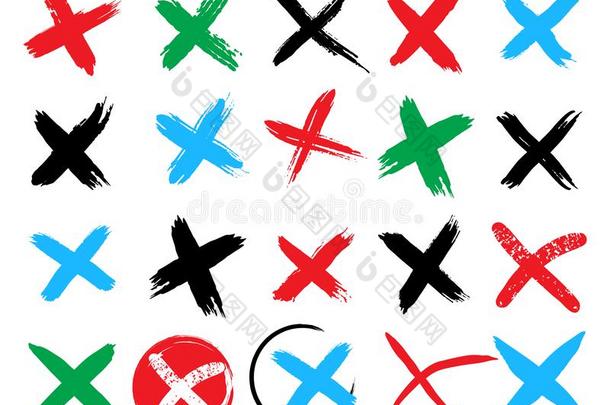 十字架符号.绿色的检查斑点和红色的字母x徽章隔离的向白色的