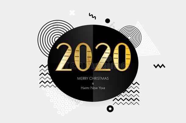2020<strong>调制</strong>解调器金色的卡片.招呼愉快的圣诞节和幸福的新的