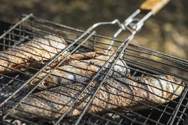含香料的胭脂鱼海产食品准备的向烧烤在户外