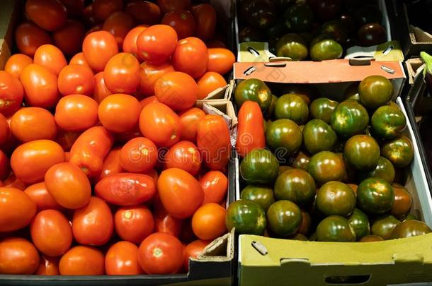 关-在上面关于成熟的红色的番茄和绿色的多样关于番茄向