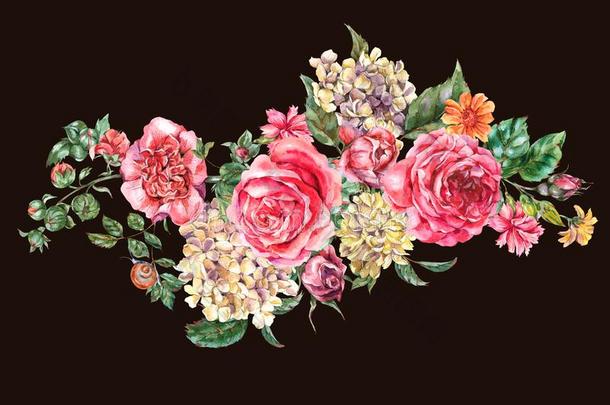 水彩放荡不羁的文化人酿酒的花的花束和粉红色的玫瑰,hydraulics水力学
