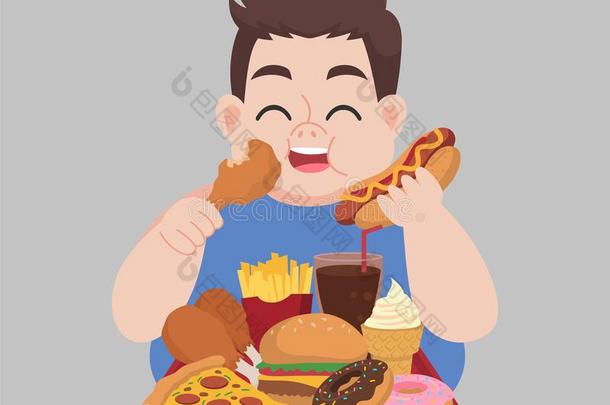 大的肥的幸福的男人享有吃快的食物,废旧物品食物