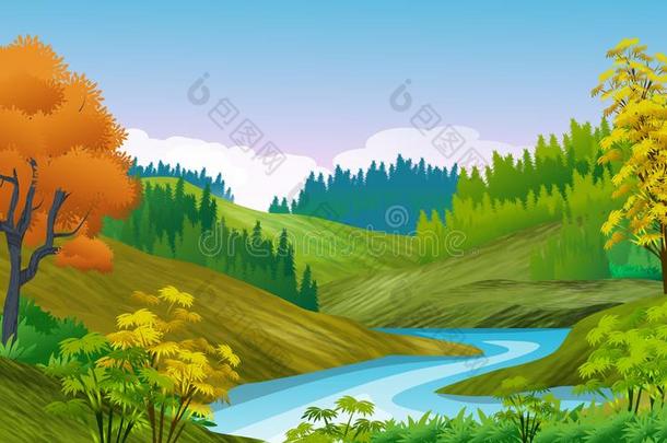 <strong>自然</strong>的<strong>风景背景</strong>和小山弯曲的在旁边一河,松树