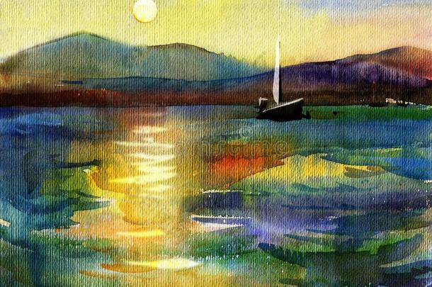 练习曲海景画.日落.海,山和船.水彩绘画