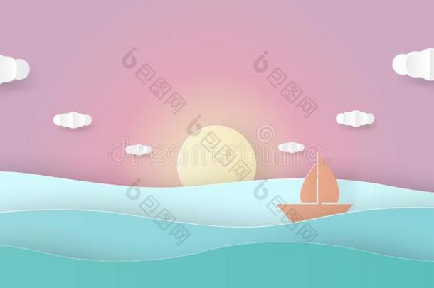 海看法和太阳放置天,不固定的<strong>帆船</strong>运动小船和云.佩普