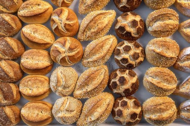 面包圆形的小面包或点心多样化.漂亮的装饰面包名册.巴伐利亚的名册