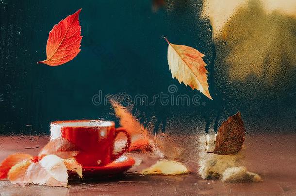 <strong>秋</strong>喝<strong>茶</strong>时间变模糊作品和有色的树叶向玻璃