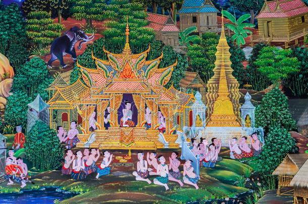 本国的ThaiAirwaysInternational泰航国际佛教的壁画绘画关于指已提到的人生活关于佛