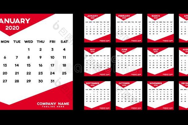 2020年日历设计,2020日历,红色的颜色日历
