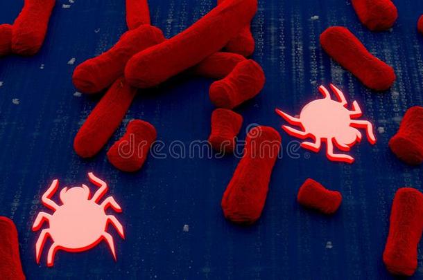 红色的细菌向蓝色数字的表面和疯狂的网络安全c向
