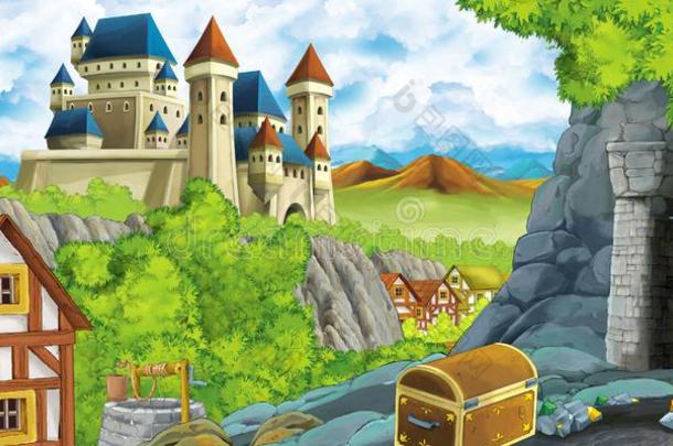 漫画地点和王国城堡和农场村民在近处它和英语字母表的第8个字母