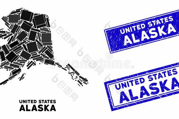 马赛克美国阿拉斯加州地图和悲痛长方形水印