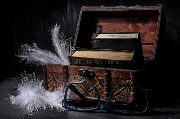 木制的保险柜和书和羽毛