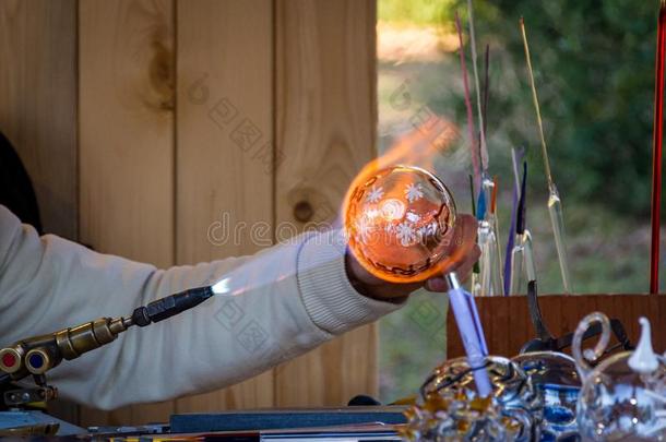 吹玻璃的人或机器处理指已提到的人玻璃球和一g一s炉子