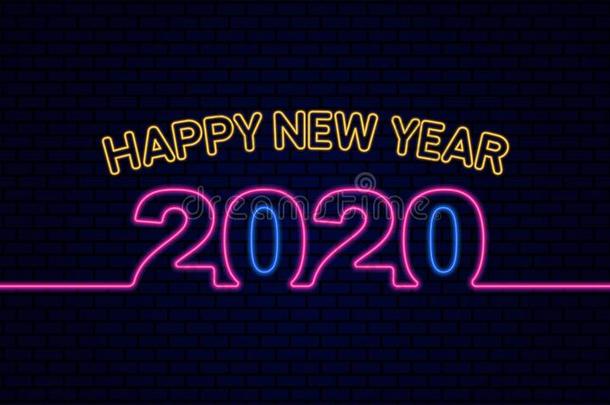 幸福的新的年2020海报庆祝和灼热的氖光英语字母表的第5个字母