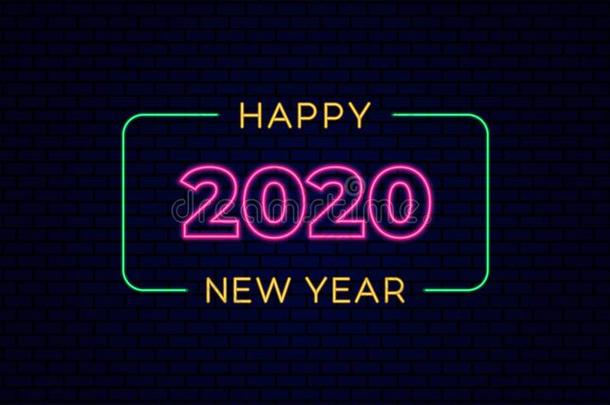 幸福的新的年2020<strong>海报</strong>庆祝和灼热的氖光英语字母表的第5个字母