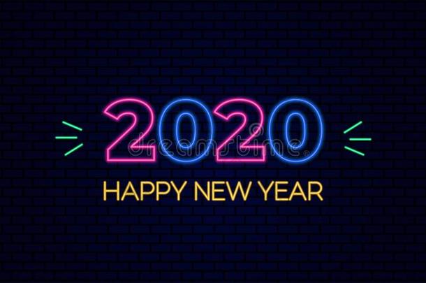 幸福的新的年2020海报庆祝和灼热的氖光英语字母表的第5个字母