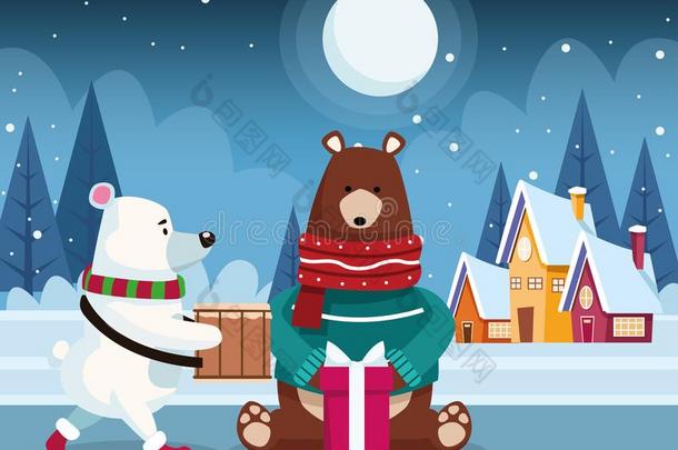 圣诞节极地的熊和灰白头发的熊和赠品盒