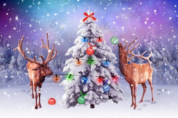 圣诞节卡片和鹿和圣诞节树