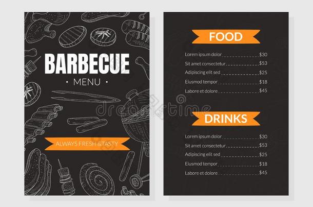 barbecue吃烤烧肉的野餐菜单矢量样板和手疲惫的烤的食物和哥丁
