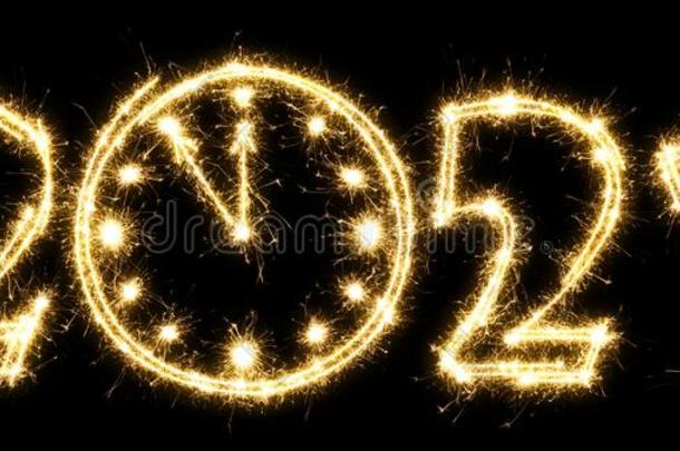 新的年<strong>2021</strong>和钟使在旁边闪烁发光物.数字<strong>2021</strong>和符号