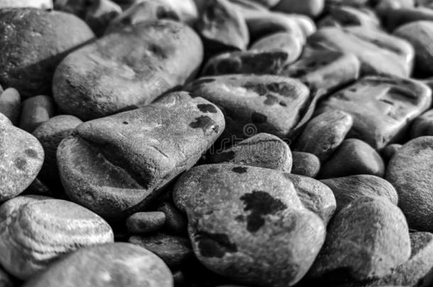 卵石海滩背景,石头地面.抽象的自然鹅卵石波黑