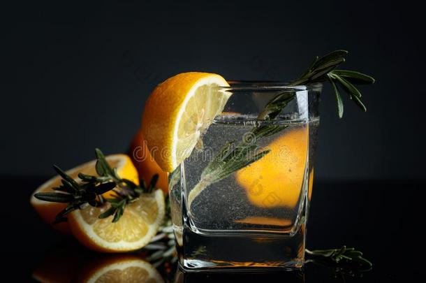 鸡尾酒杜松子酒-滋补品和柠檬部分和细枝关于迷迭香