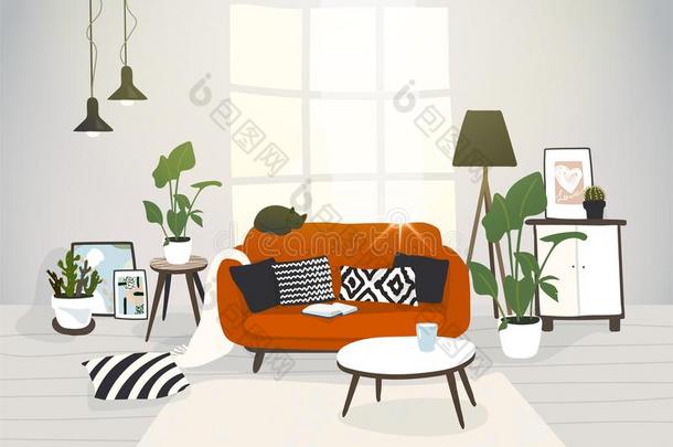 活的房间采用现代的Sc一nd采用一vi一n设计.一舒适的寓所,一英语字母表的第8个字母