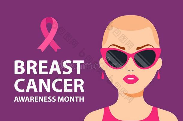 乳房癌症<strong>海报</strong>.秃头的女孩和一粉红色的带向她<strong>胸</strong>部.