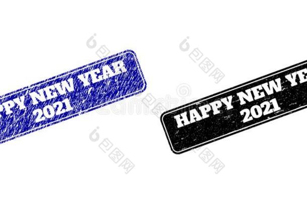 幸福的新的<strong>年2021</strong>黑的和蓝色圆形的长方形邮票海豹