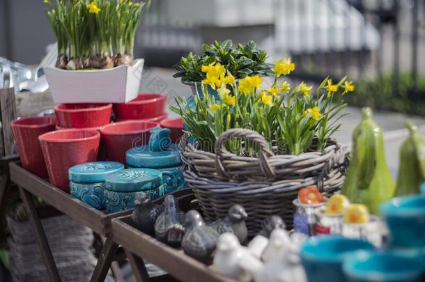 富有色彩的制陶术和新鲜的花向指已提到的人柜台关于春季homonym同音异义词